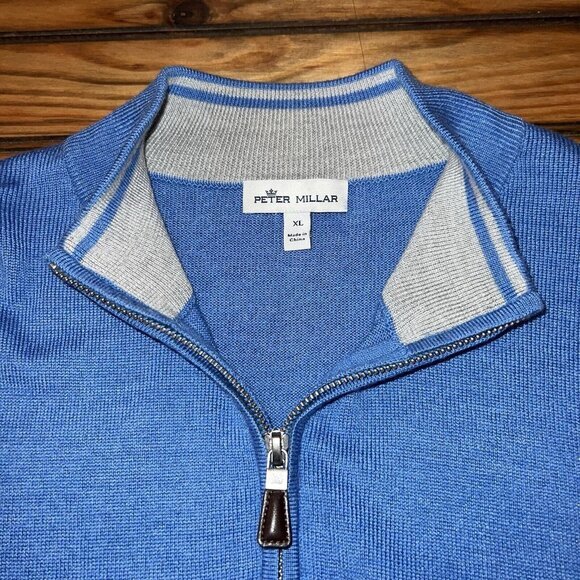 Peter Millar Sweater Men XL Merino Wool Silk Blend Quarter Zip Blue Leather Trim - Picture 8 of 9
